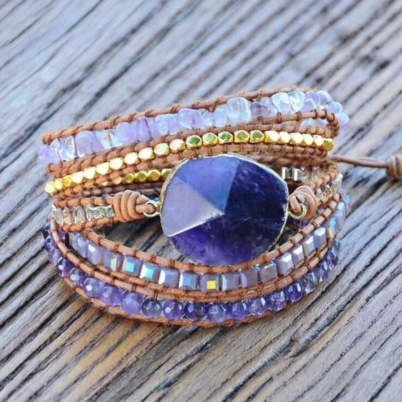 Genuine Amethyst Gemstone Genuine Leather Wrap Bracelet - Picture 4 of 9